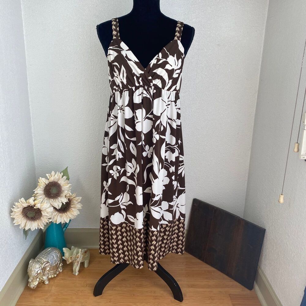 Brown & White Floral Below Knee Dress